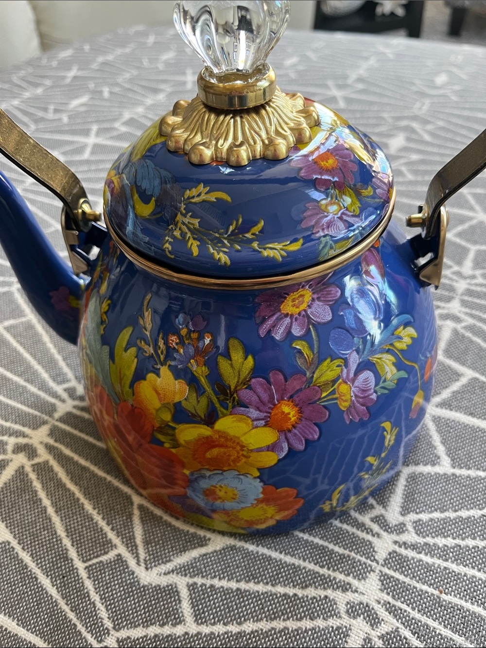 Mackenzie - Childs 2 qt. Blue Floral Porcelain Teapot with Gold Accents!! New.